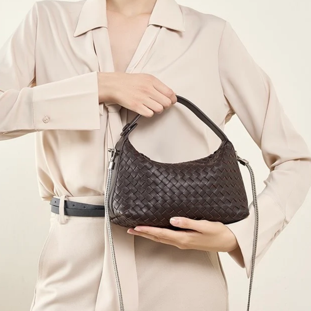 Genuine Sheepskin Leather Woven Clutch Bag with Chain Strap for Women