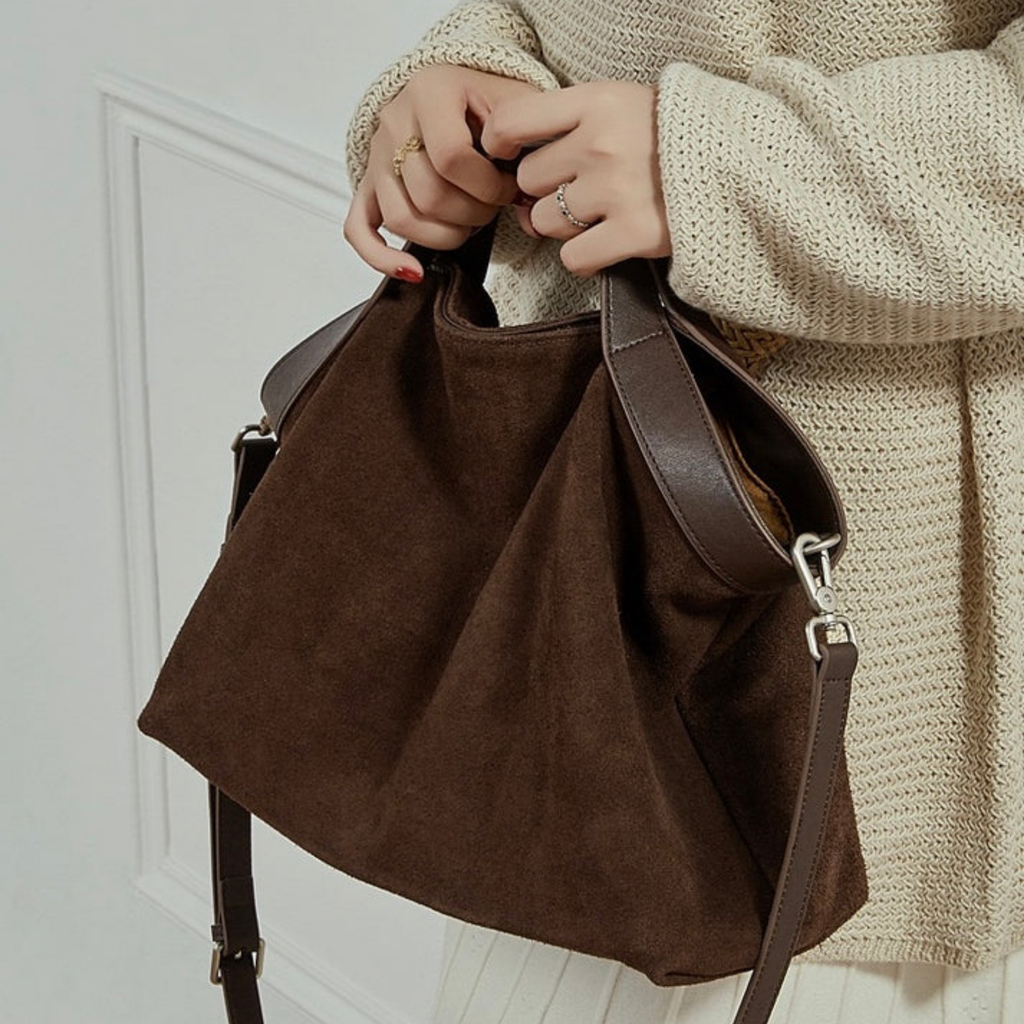 Suede and Leather Structured Shoulder Tote Bag for Everyday Use