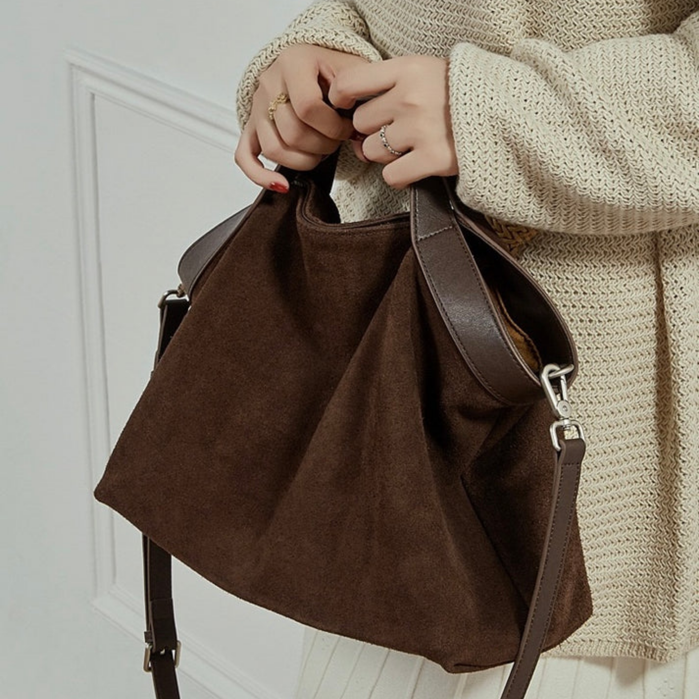 Suede and Leather Structured Shoulder Tote Bag for Everyday Use