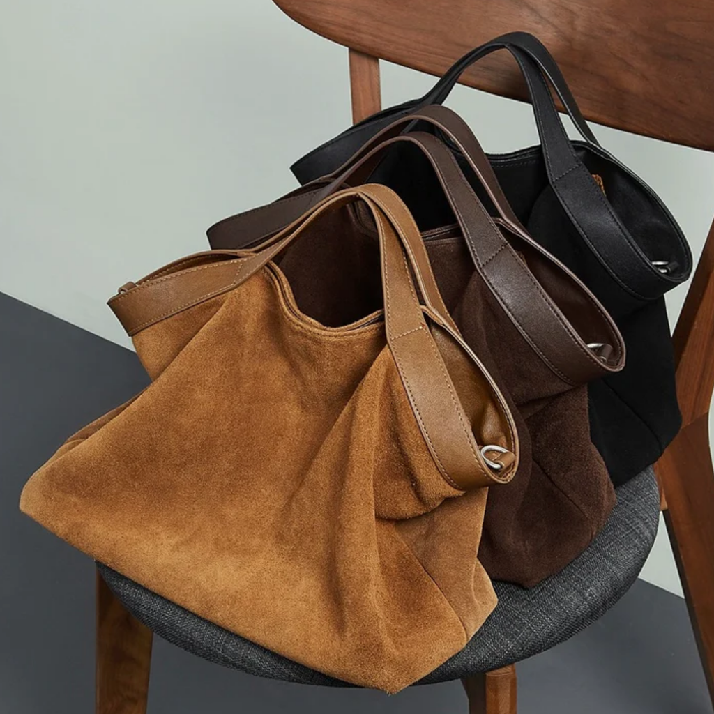 Suede and Leather Structured Shoulder Tote Bag for Everyday Use