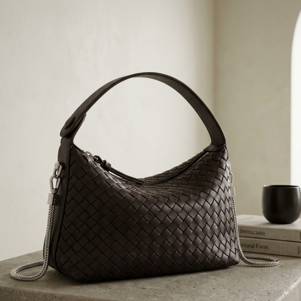 Genuine Sheepskin Leather Woven Clutch Bag with Chain Strap for Women