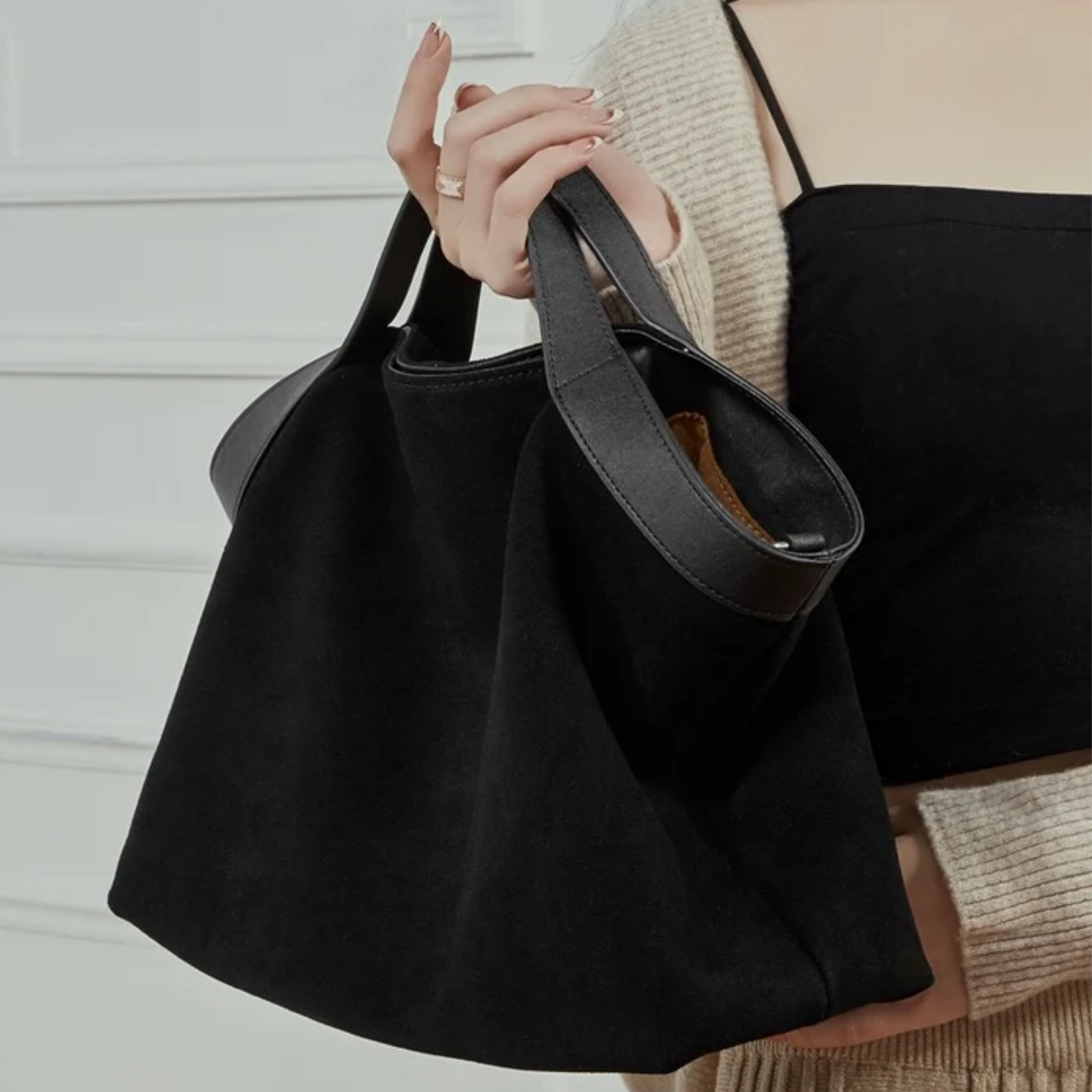 Suede and Leather Structured Shoulder Tote Bag for Everyday Use
