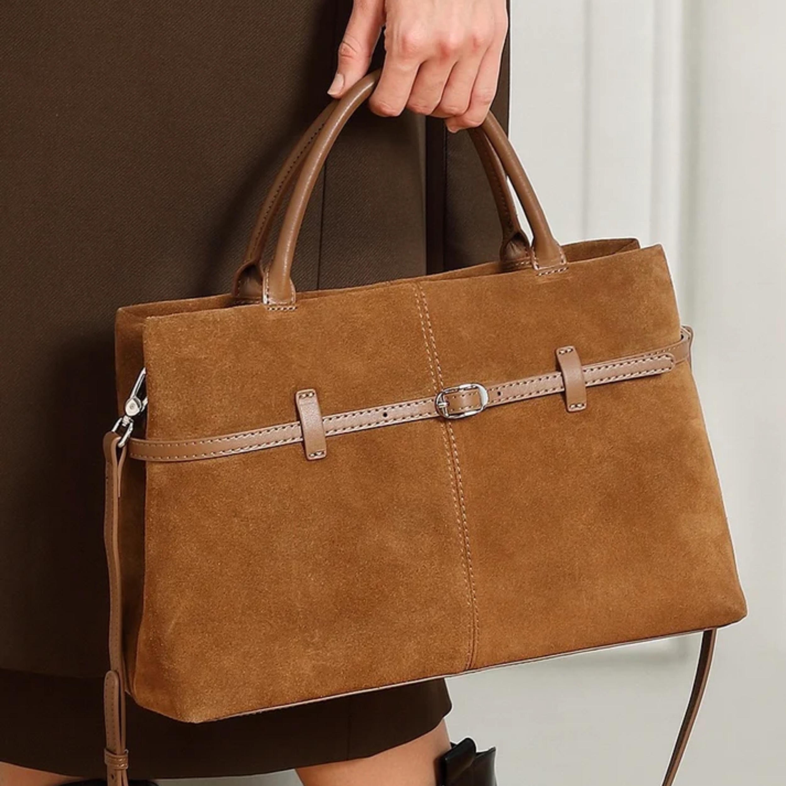 Suede Leather Structured Tote Bag for Everyday Use - Stylish and Durable