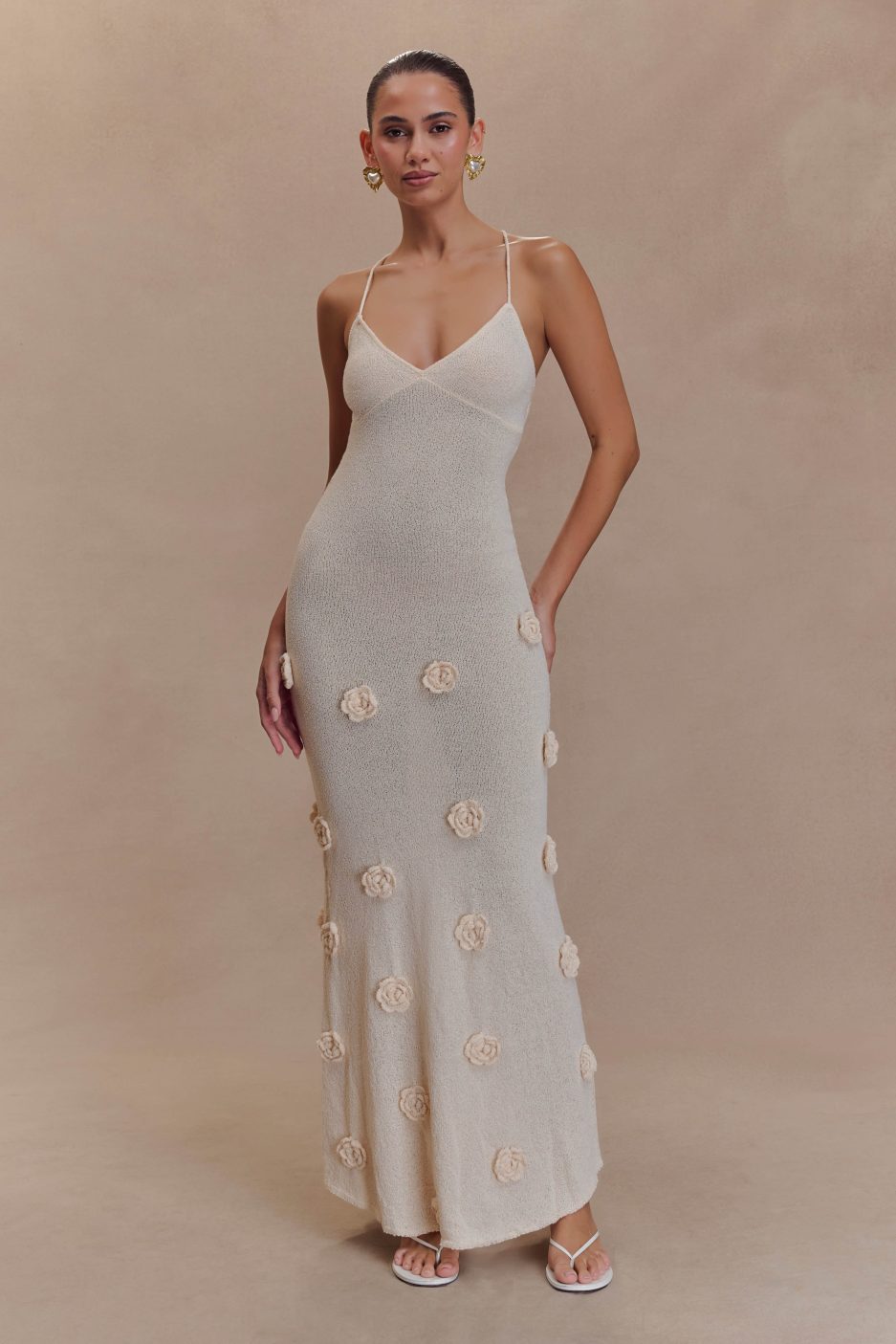 Lace-Up Open Back V-Neck 3D Floral Knit Maxi Dress for Women