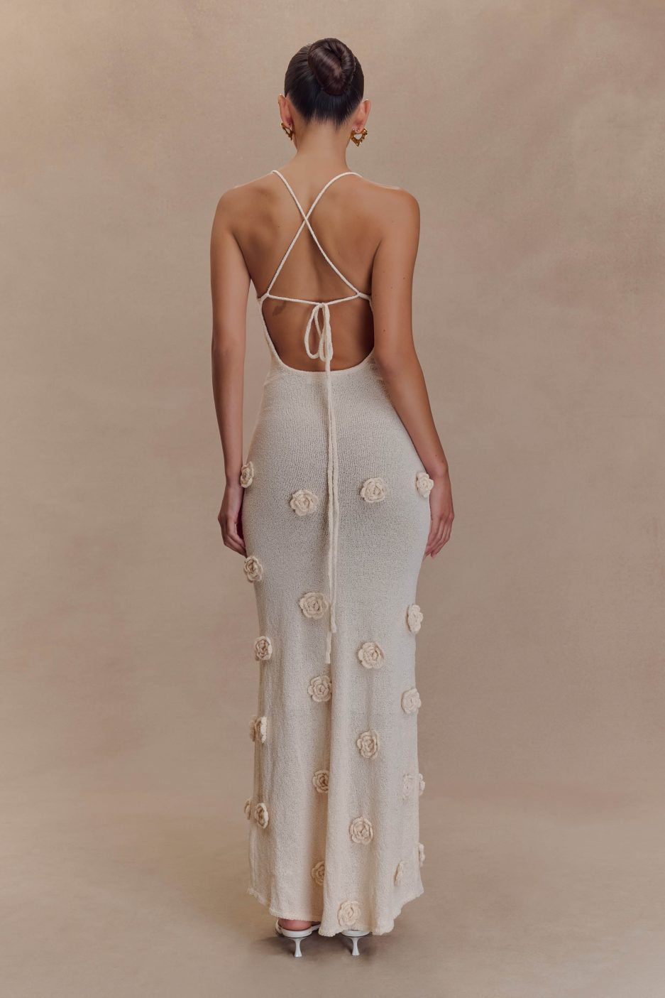 Lace-Up Open Back V-Neck 3D Floral Knit Maxi Dress for Women