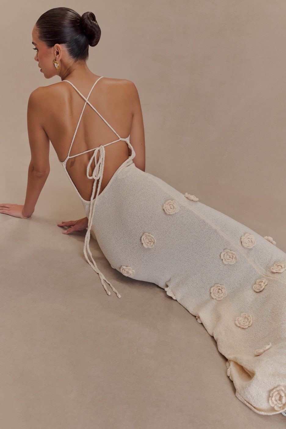 Lace-Up Open Back V-Neck 3D Floral Knit Maxi Dress for Women