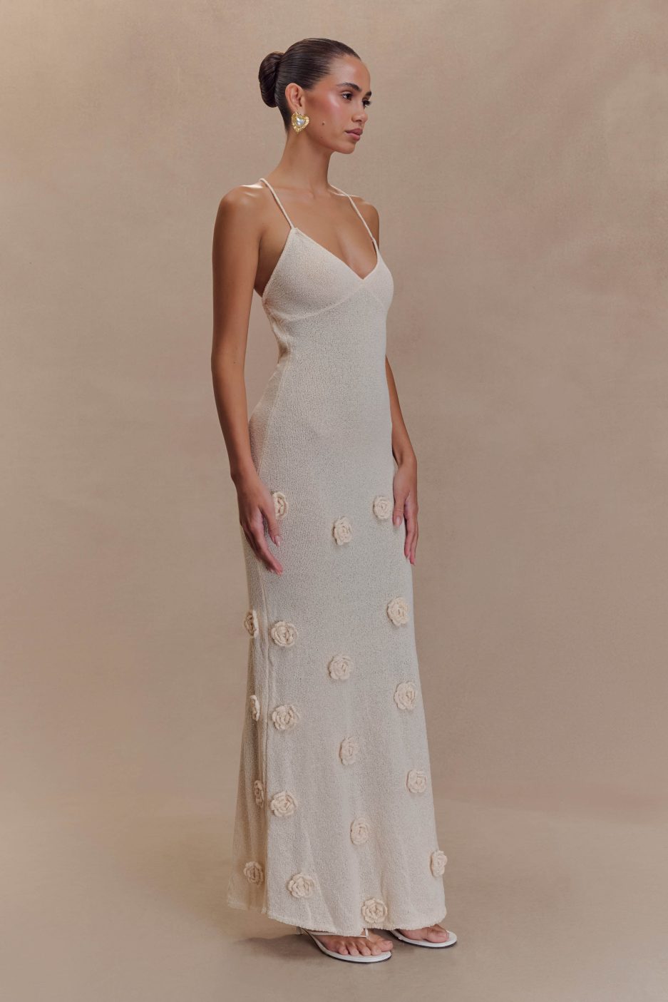 Lace-Up Open Back V-Neck 3D Floral Knit Maxi Dress for Women