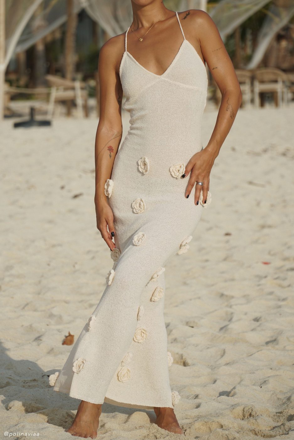 Lace-Up Open Back V-Neck 3D Floral Knit Maxi Dress for Women