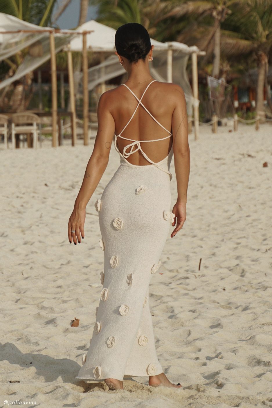 Lace-Up Open Back V-Neck 3D Floral Knit Maxi Dress for Women