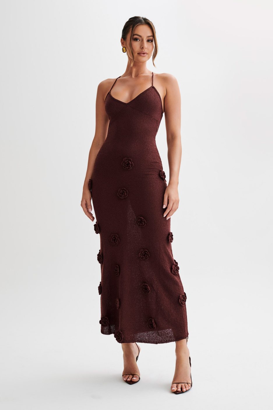 Lace-Up Open Back V-Neck 3D Floral Knit Maxi Dress for Women