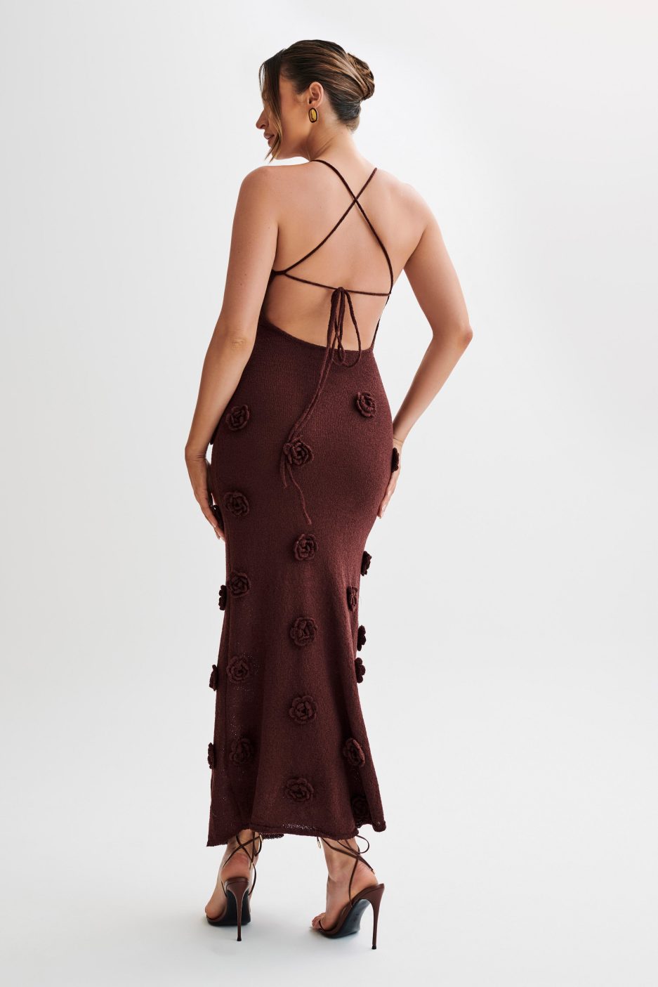 Lace-Up Open Back V-Neck 3D Floral Knit Maxi Dress for Women
