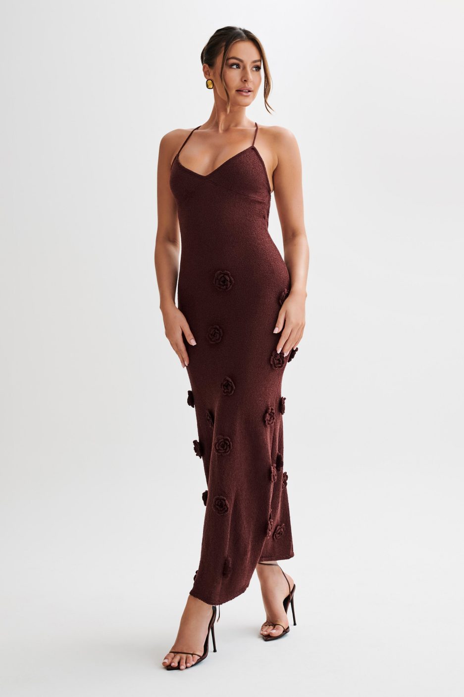 Lace-Up Open Back V-Neck 3D Floral Knit Maxi Dress for Women