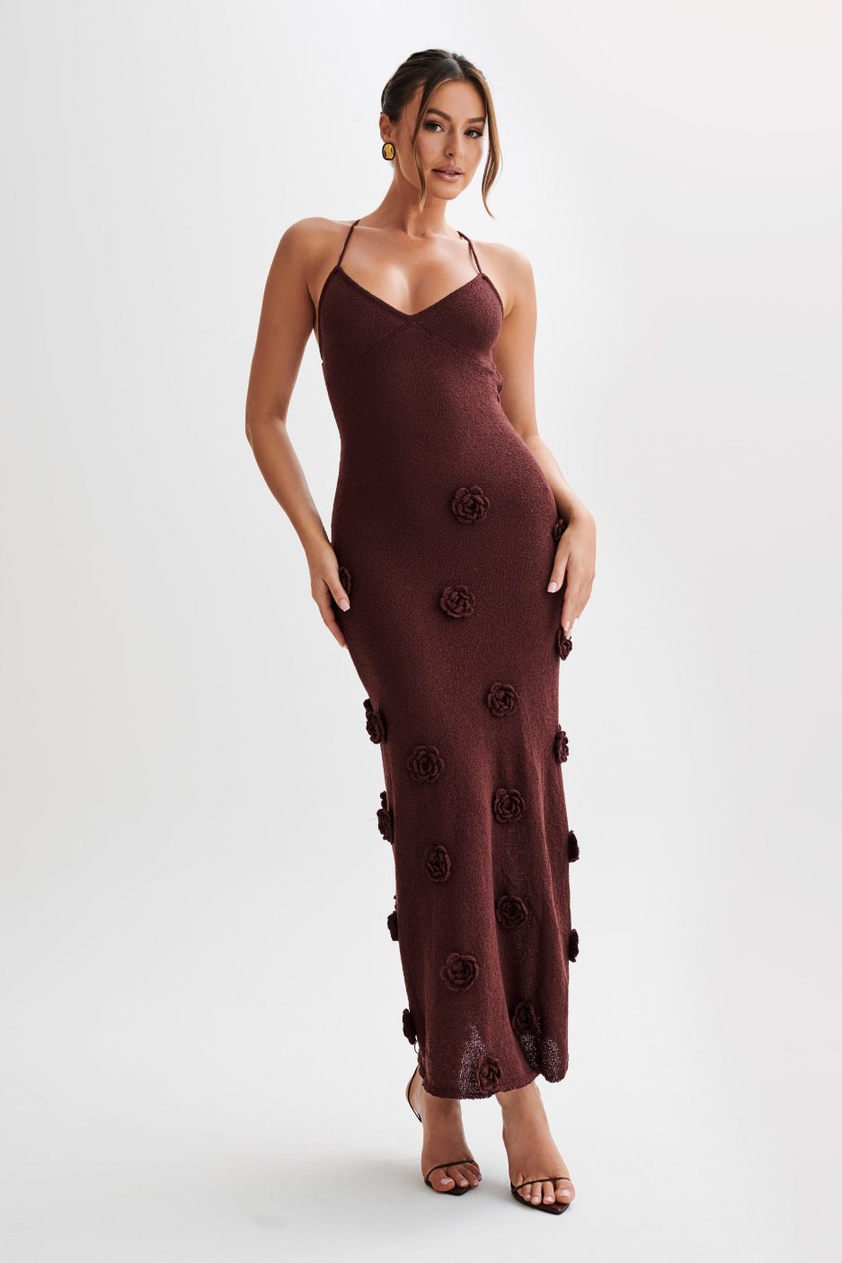 Lace-Up Open Back V-Neck 3D Floral Knit Maxi Dress for Women