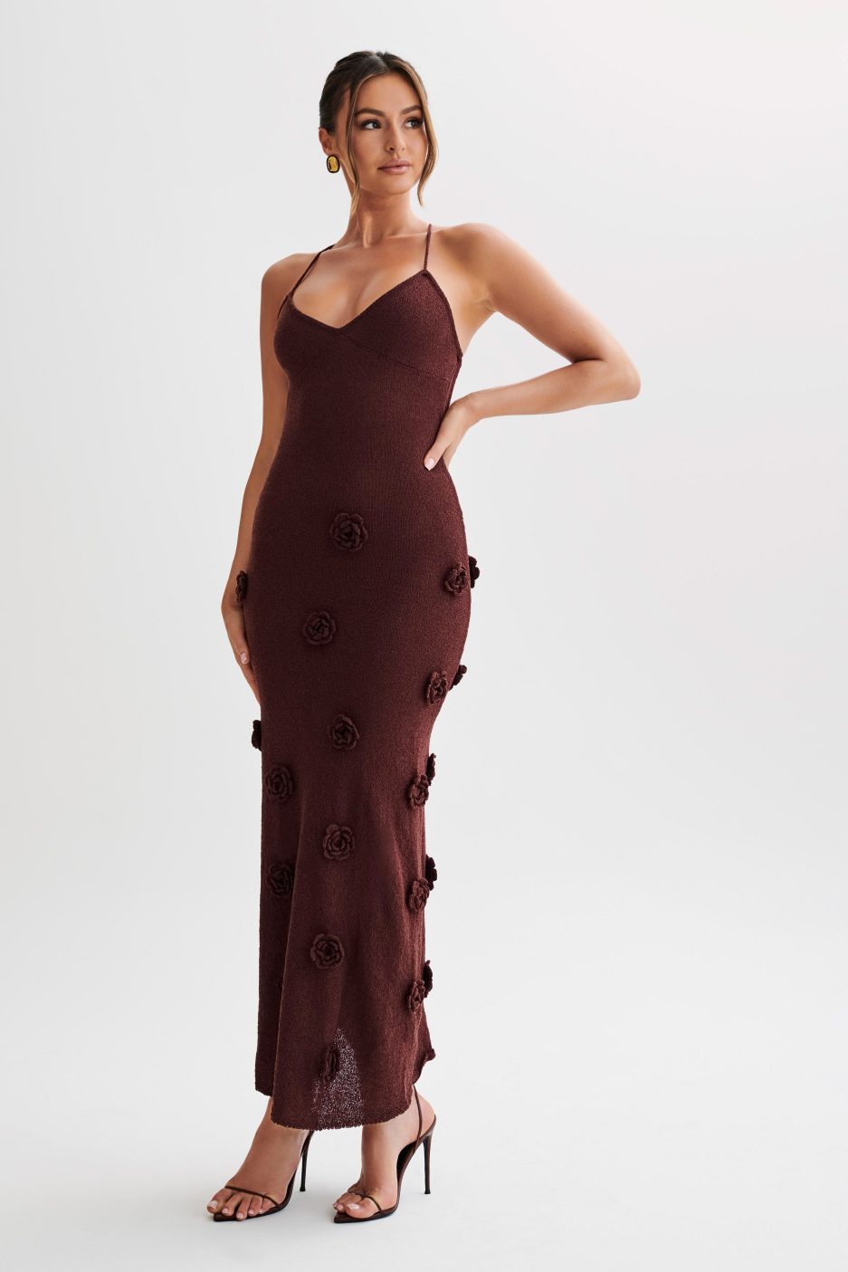 Lace-Up Open Back V-Neck 3D Floral Knit Maxi Dress for Women