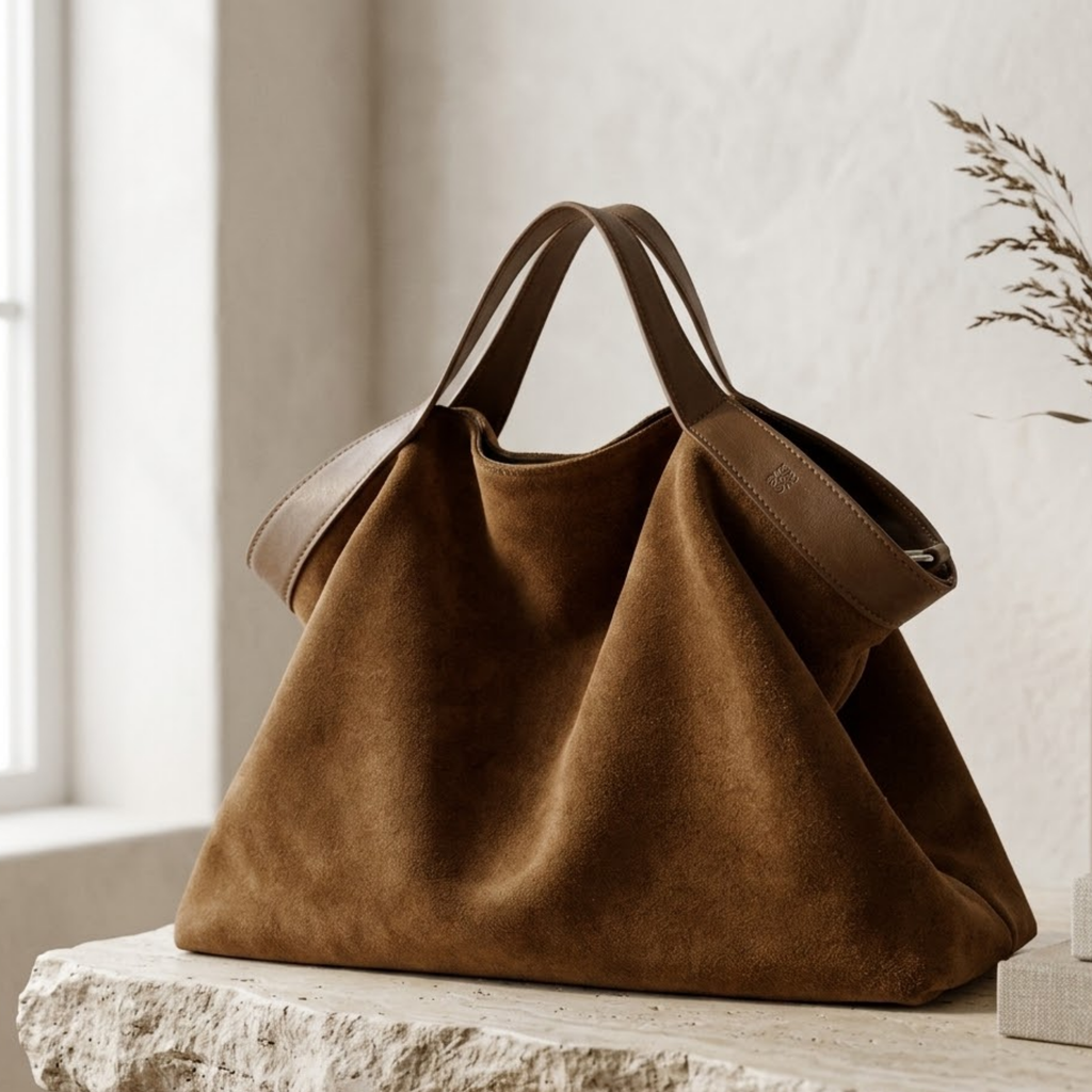 Suede and Leather Structured Shoulder Tote Bag for Everyday Use