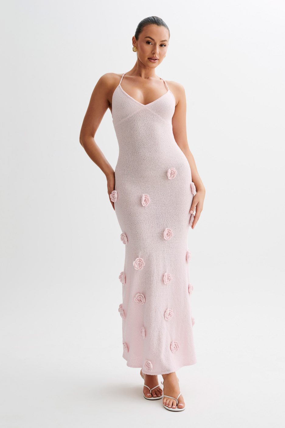 Lace-Up Open Back V-Neck 3D Floral Knit Maxi Dress for Women