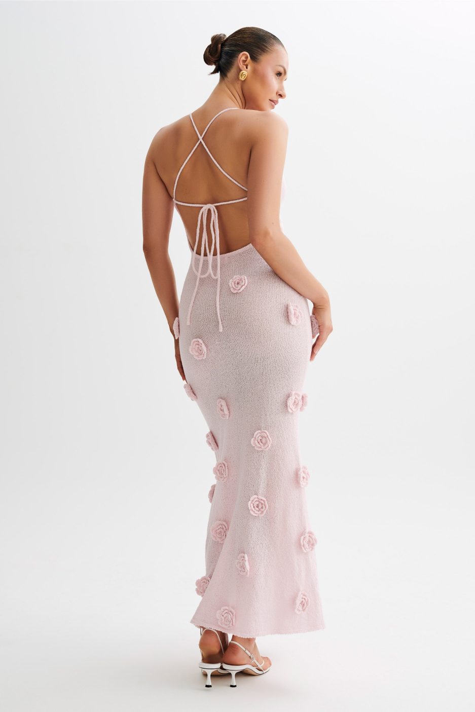 Lace-Up Open Back V-Neck 3D Floral Knit Maxi Dress for Women