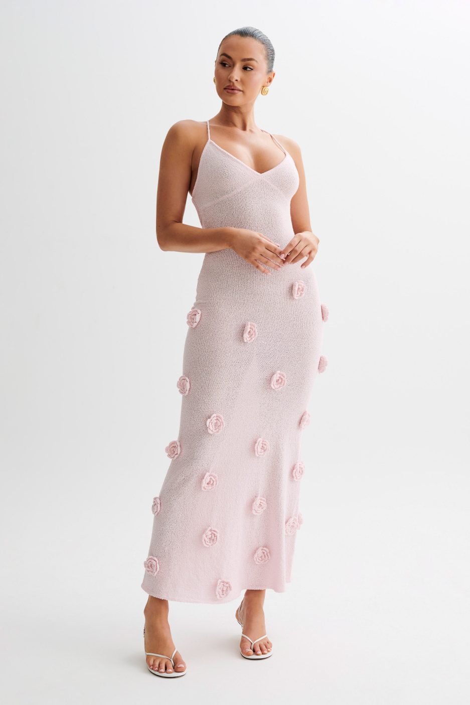 Lace-Up Open Back V-Neck 3D Floral Knit Maxi Dress for Women