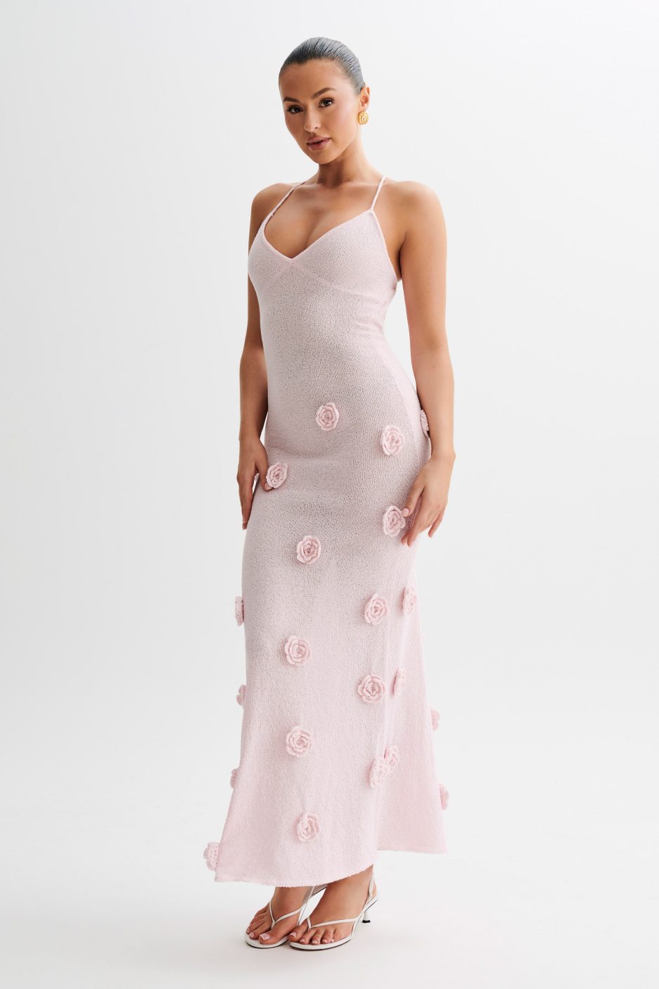 Lace-Up Open Back V-Neck 3D Floral Knit Maxi Dress for Women