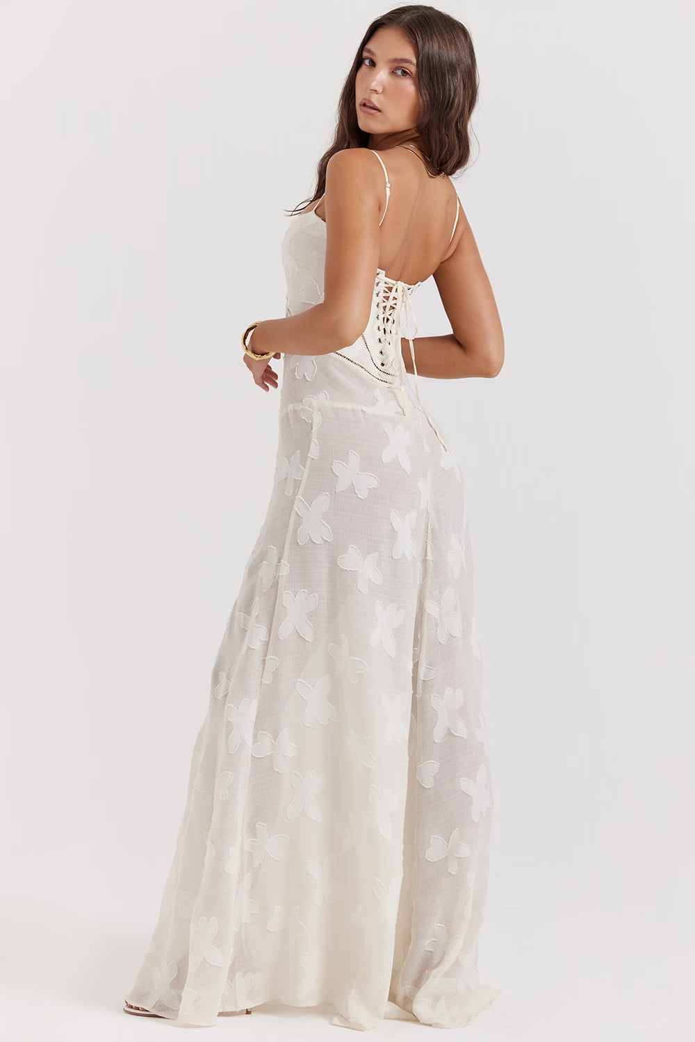 Floral Jacquard Lace-Up Maxi Dress for Women - Elegant Evening Wear