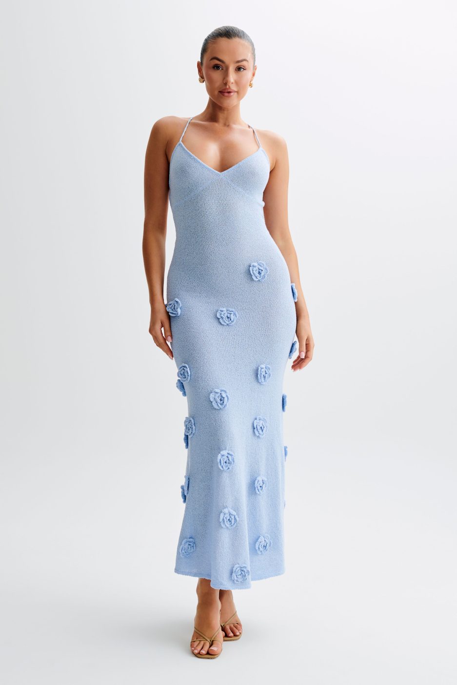 Lace-Up Open Back V-Neck 3D Floral Knit Maxi Dress for Women