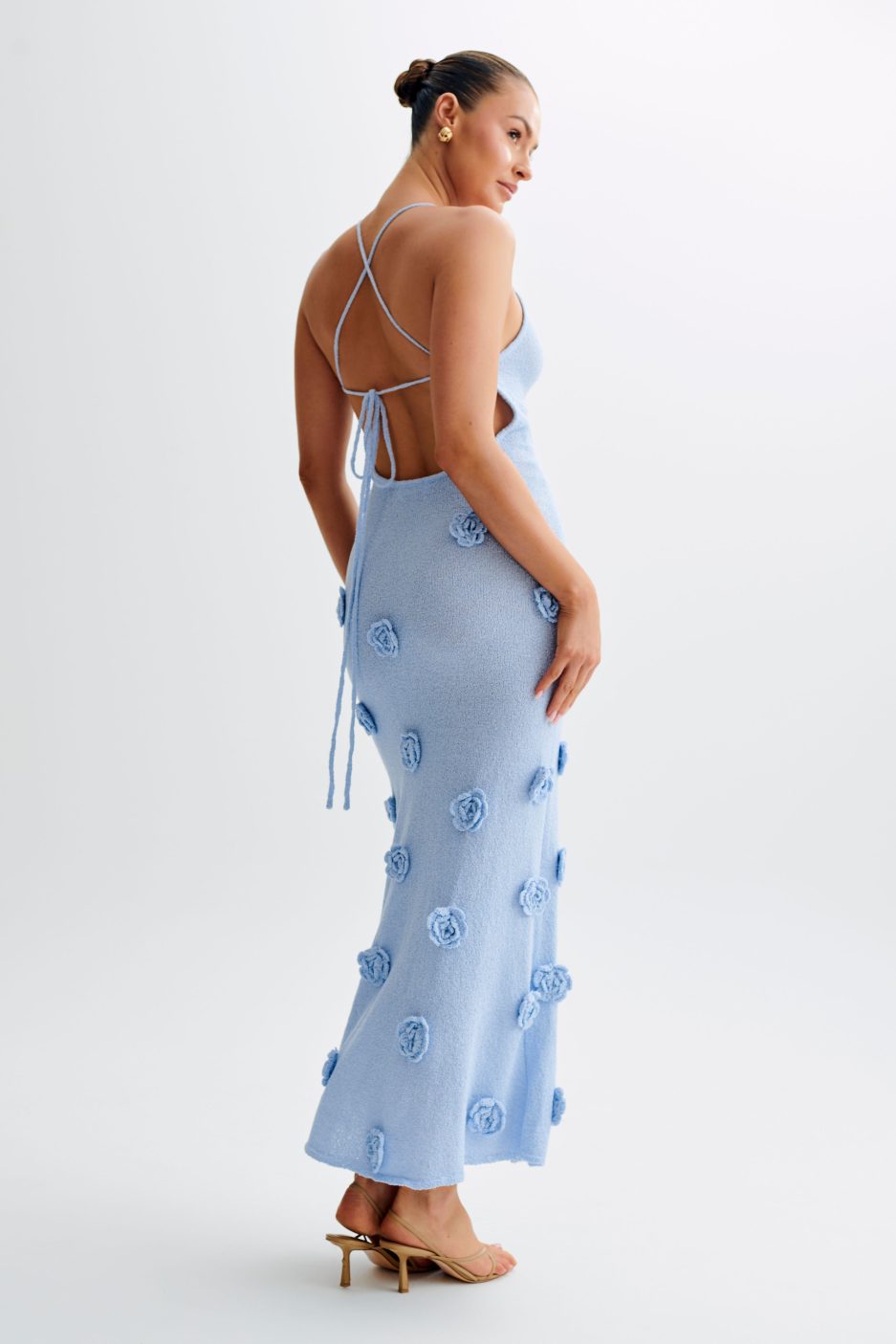 Lace-Up Open Back V-Neck 3D Floral Knit Maxi Dress for Women