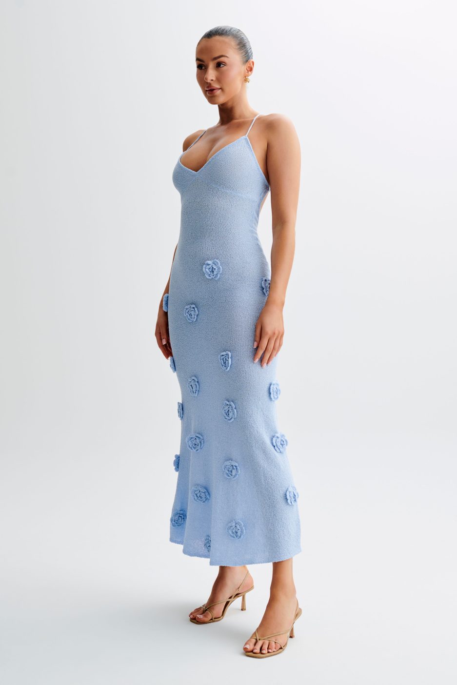 Lace-Up Open Back V-Neck 3D Floral Knit Maxi Dress for Women