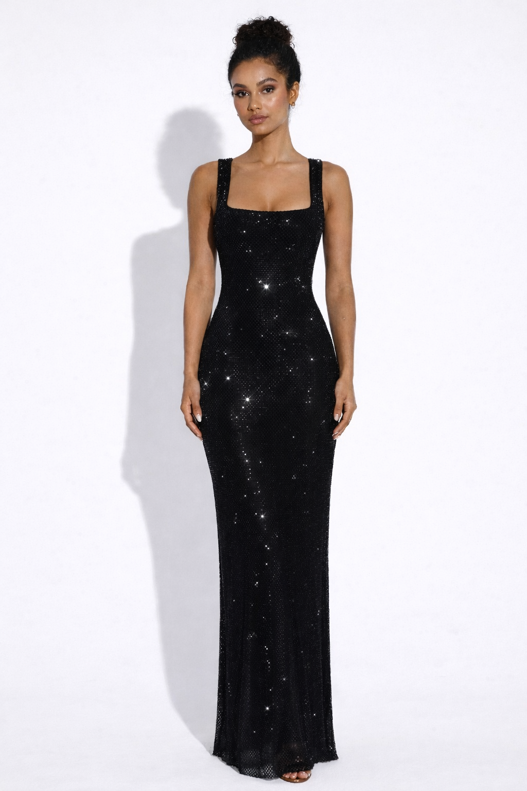 Embellished Crystal Mesh Maxi Dress with Square Neck for Evening Events