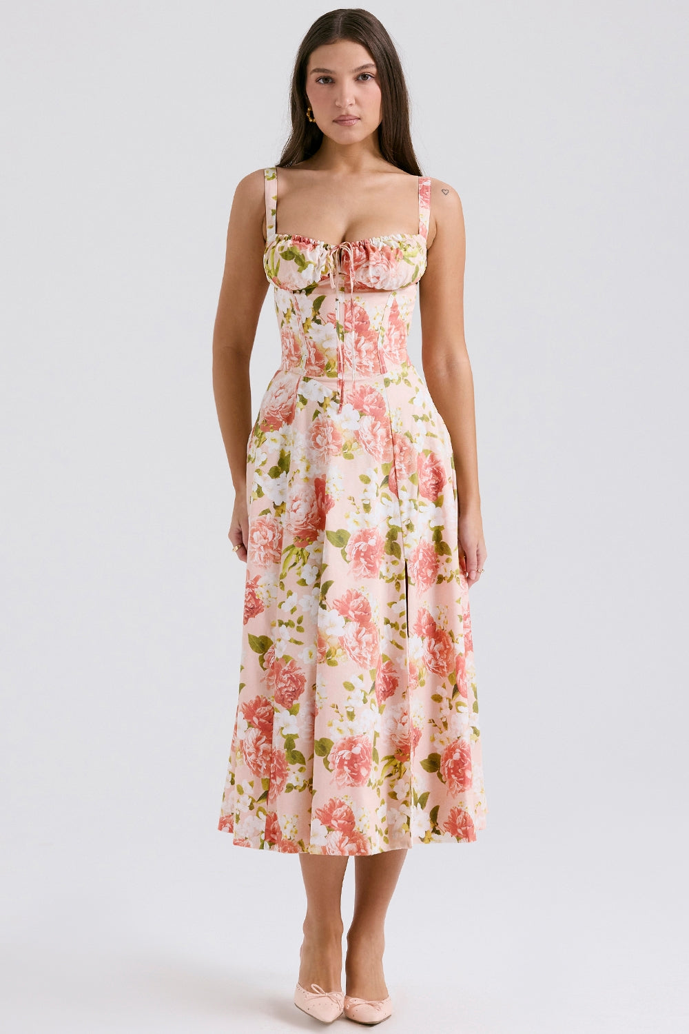 Pink Peony Floral Lace-Up Back Midi Dress with Side Split for Casual Wear