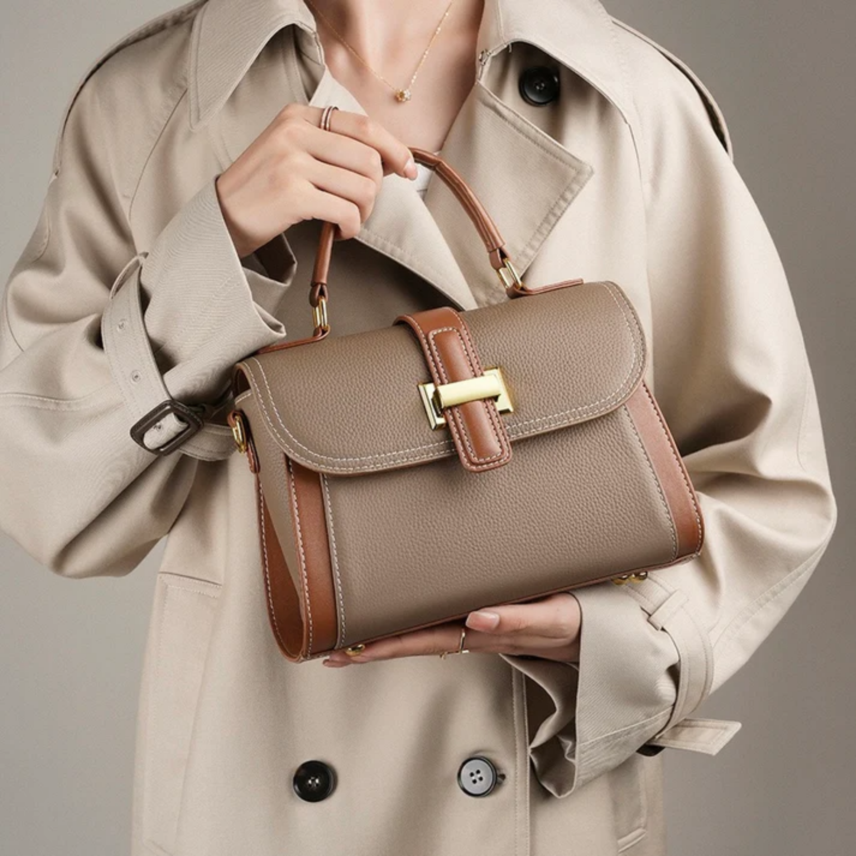 Leather Structured Top Handle Clutch Bag for Everyday Use - Alondra Style