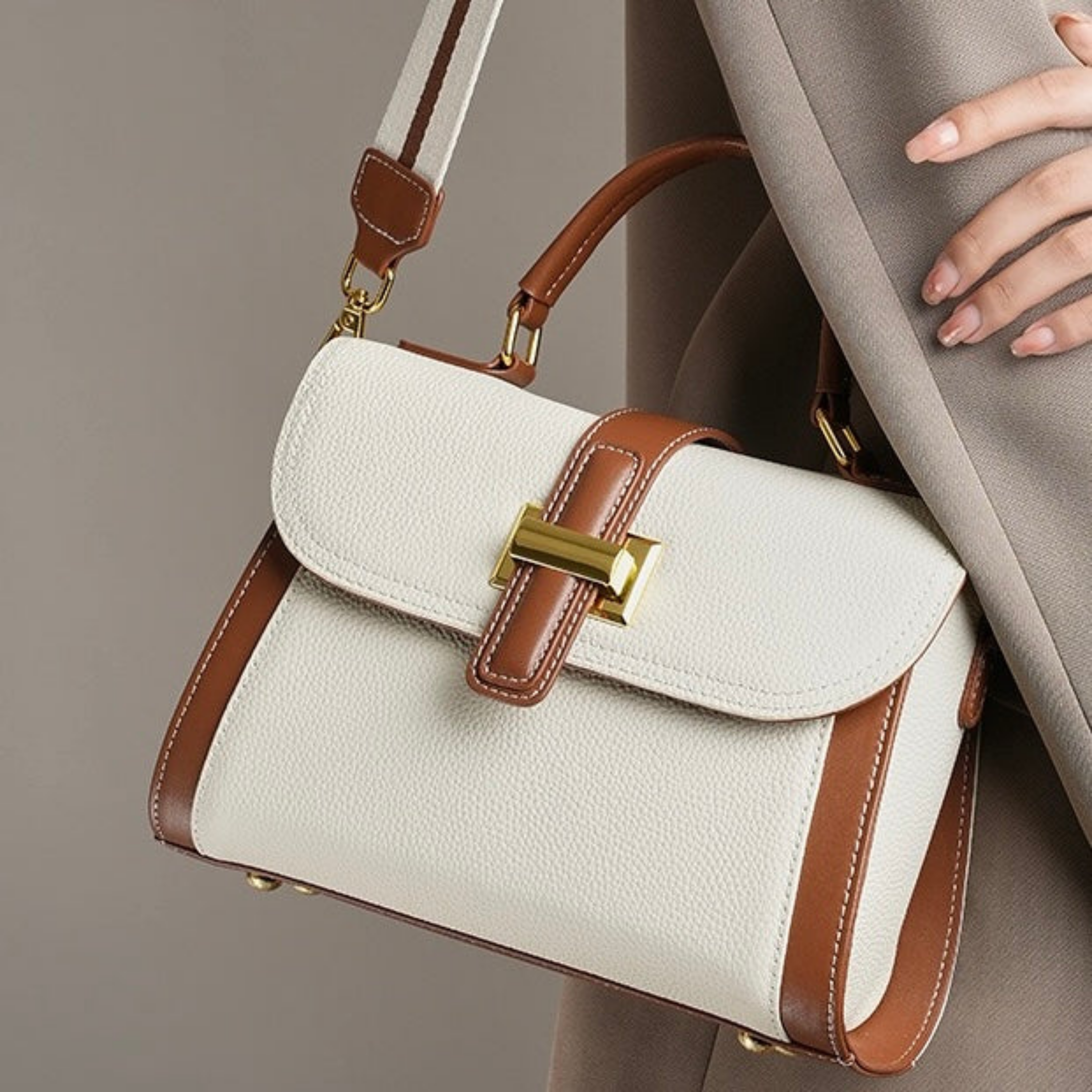 Leather Structured Top Handle Clutch Bag for Everyday Use - Alondra Style