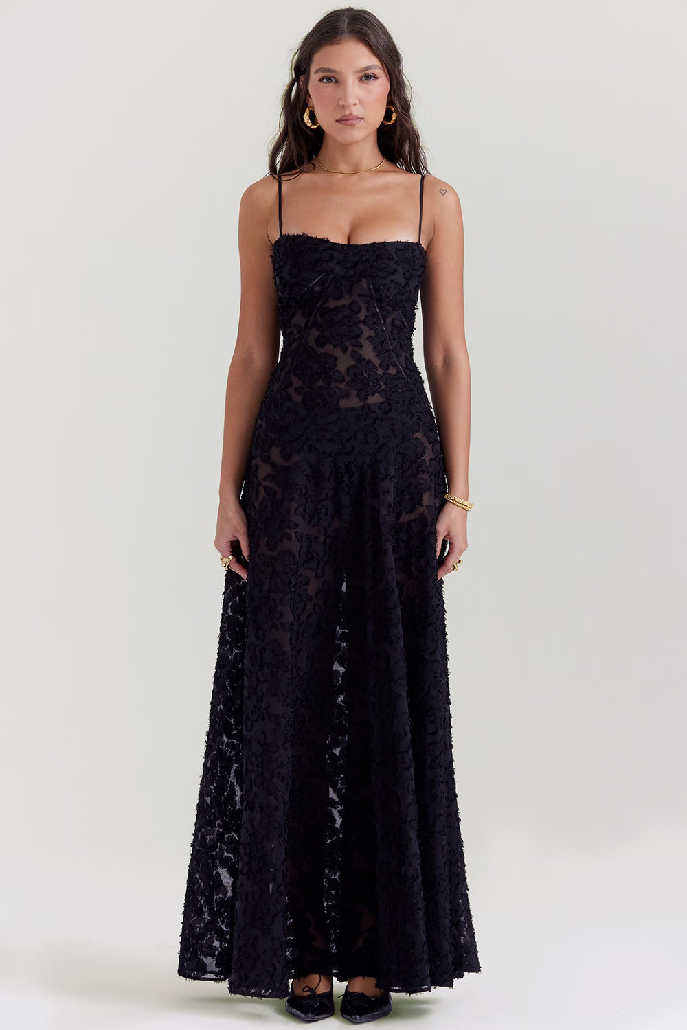 Floral Jacquard Lace-Up Maxi Dress for Women - Elegant Evening Wear