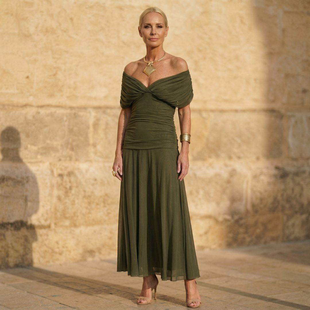 Olive Green Off-Shoulder Midi Dress – Wedding Guest Glam