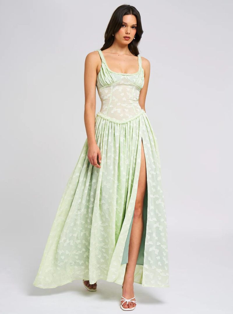 Ethereal Floral Maxi Dress with Ruched Detail and High Slit for Special Occasions