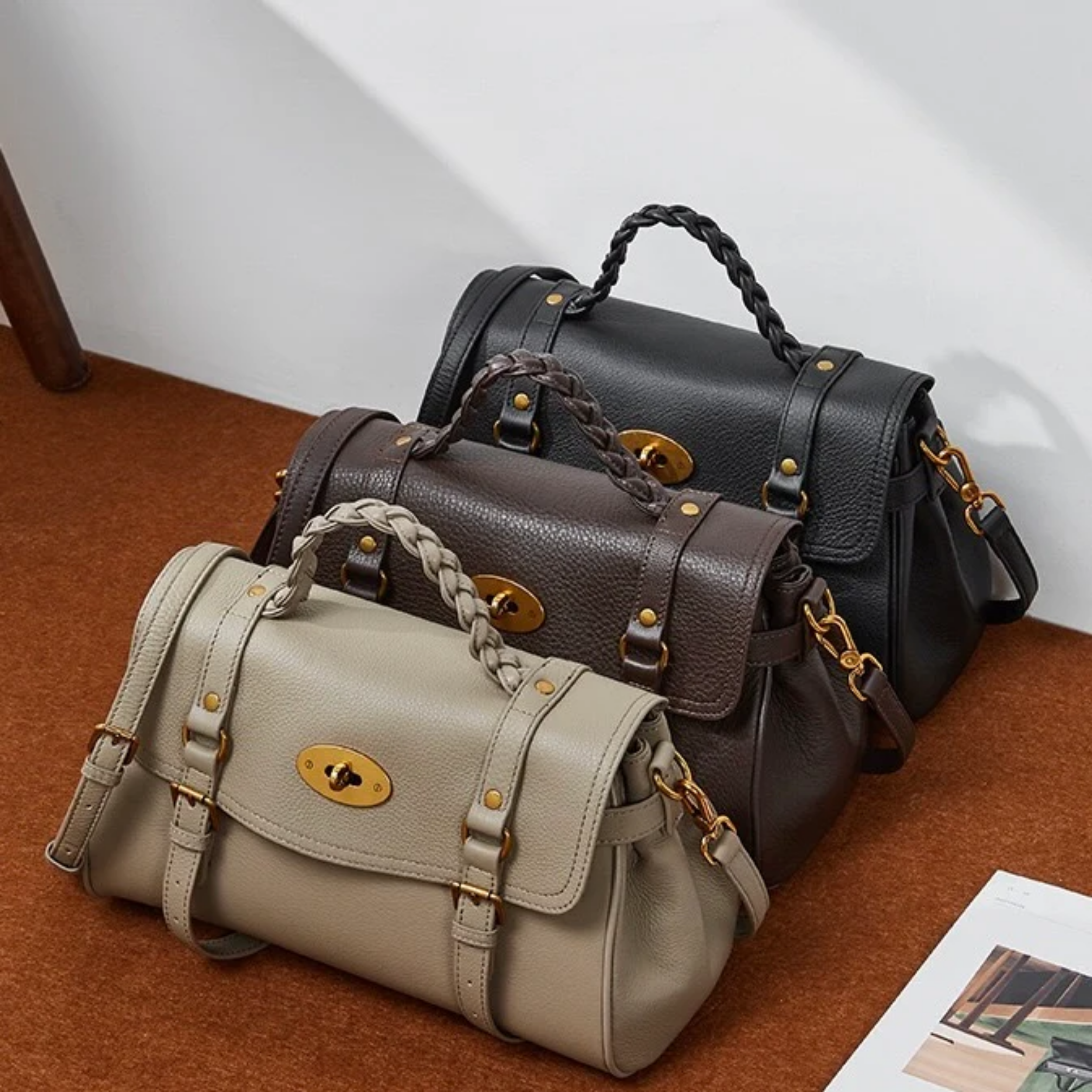 Genuine Leather Braided Handle Satchel Bag for Everyday Use