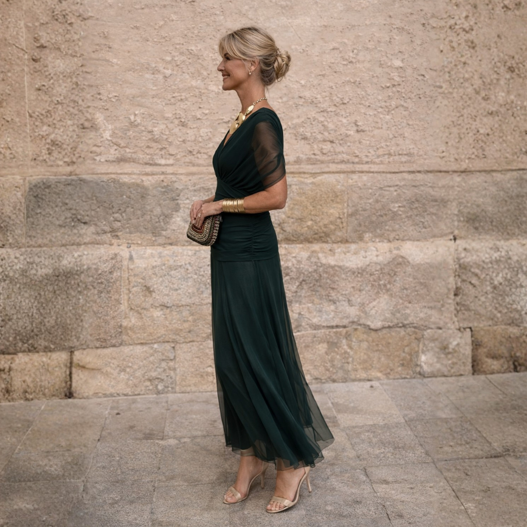 Green Pleated Maxi Dress – Evening Elegance