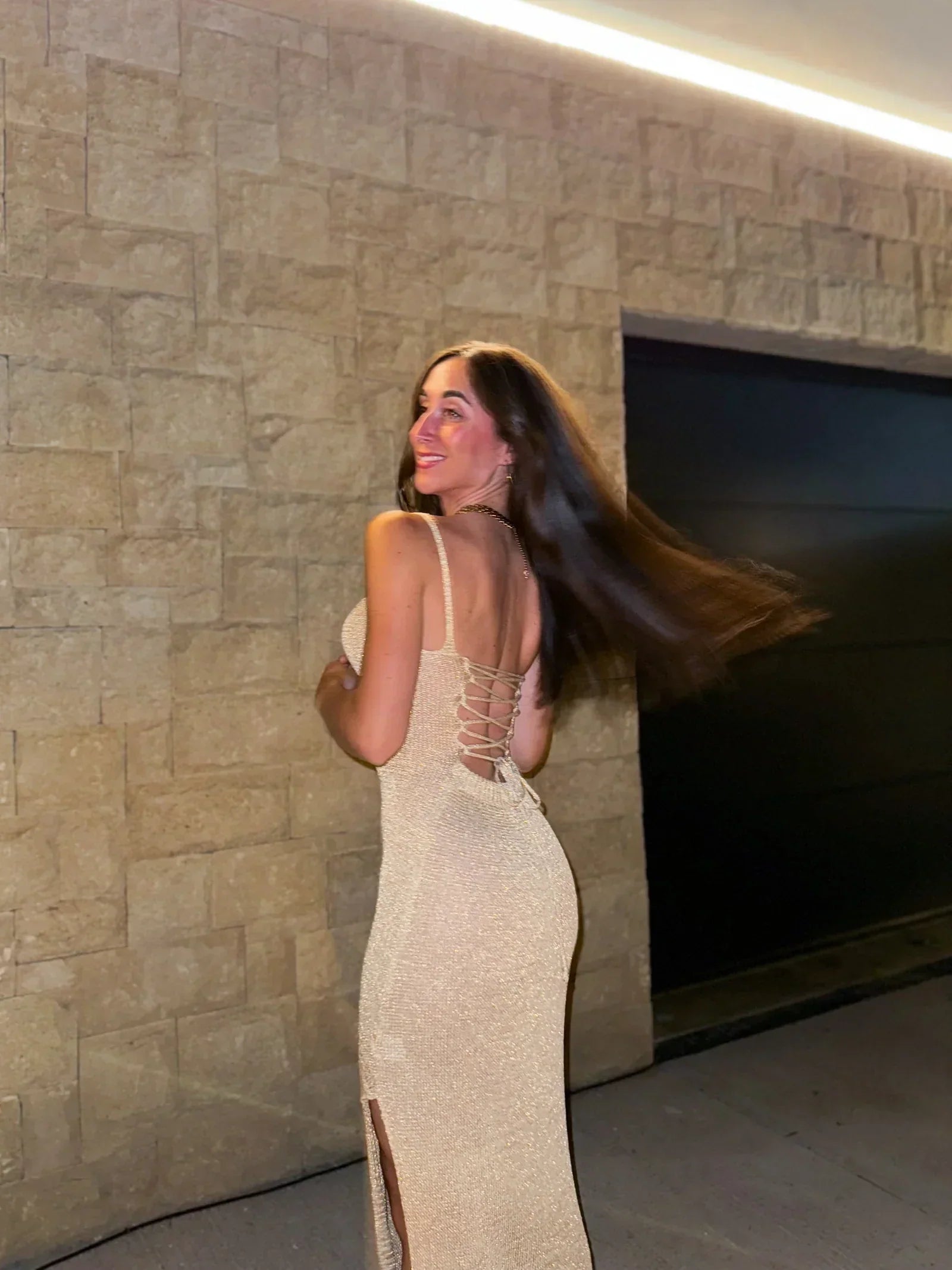 Metallic Knit Maxi Dress with Lace-Up Back and Thigh-High Slit for Evening Wear