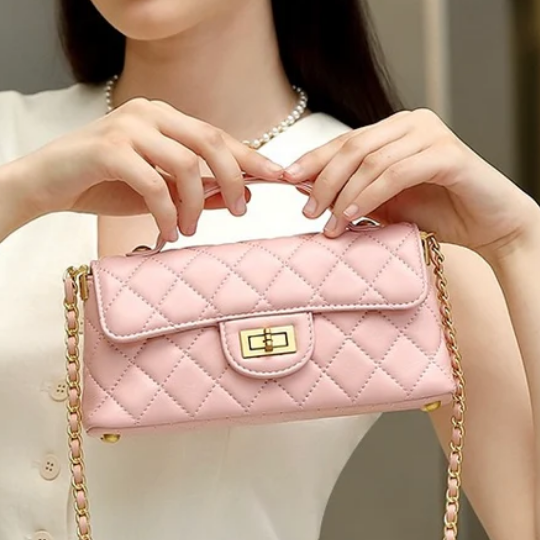 Genuine Leather Quilted Chain Crossbody Shoulder Bag for Women