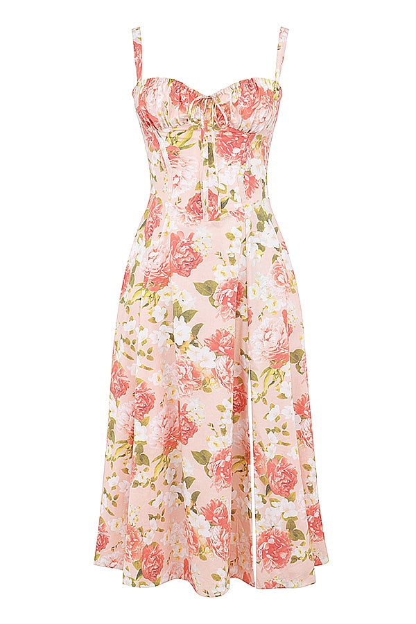 Pink Peony Floral Lace-Up Back Midi Dress with Side Split for Casual Wear