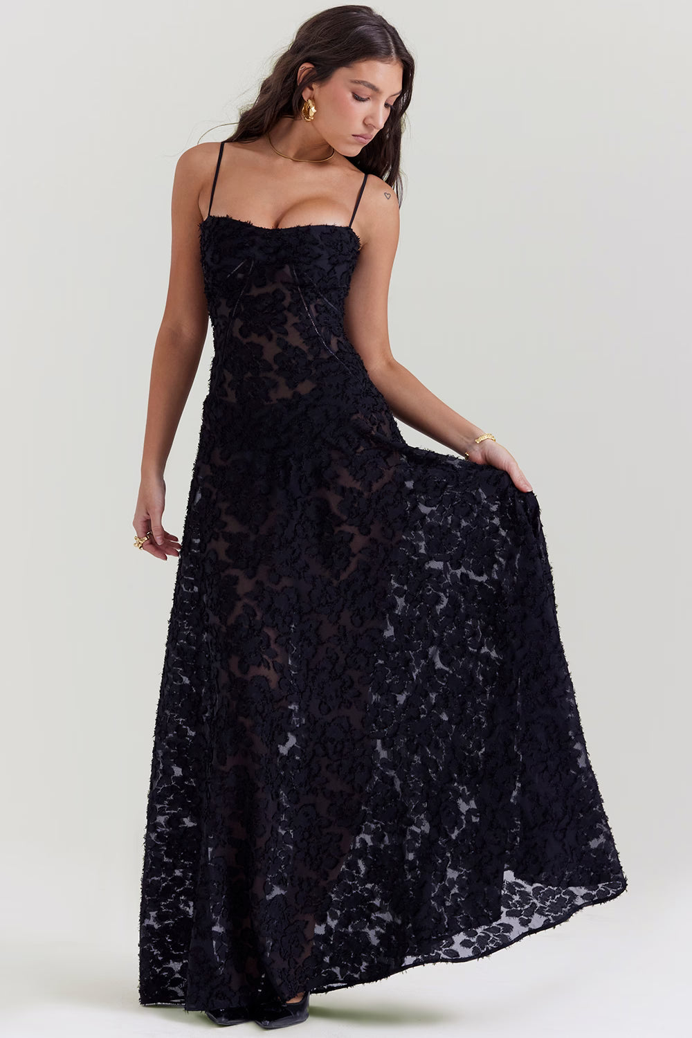 Floral Jacquard Lace-Up Maxi Dress for Women - Elegant Evening Wear