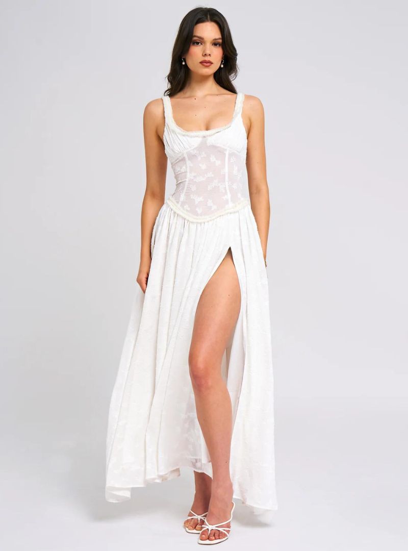 Ethereal Floral Maxi Dress with Ruched Detail and High Slit for Special Occasions