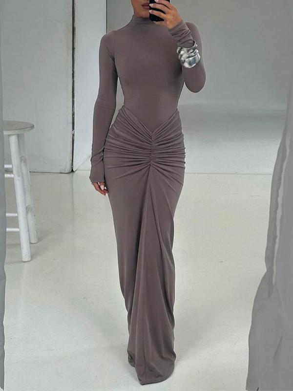 Ruched Long Sleeve Maxi Dress in Elegant Fabric for Formal Events
