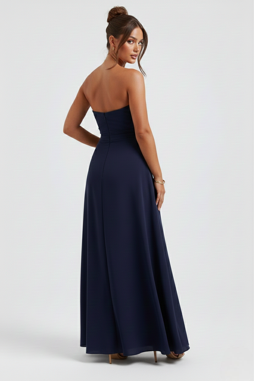 Strapless Ruched Crepe Maxi Dress with Thigh-High Split for Formal Events