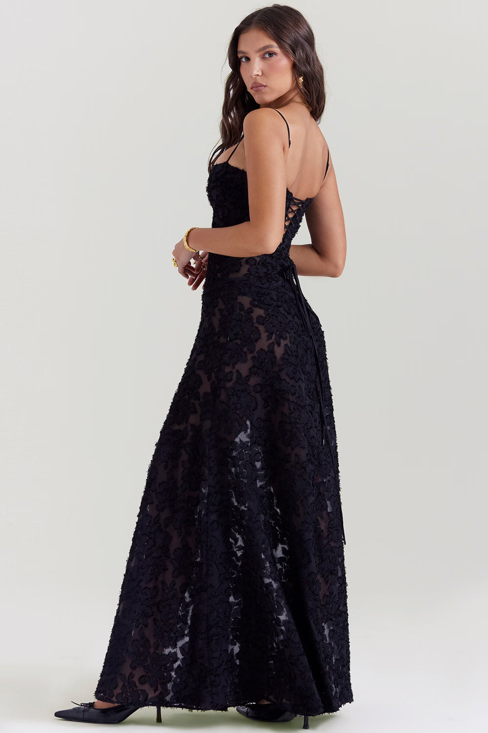 Floral Jacquard Lace-Up Maxi Dress for Women - Elegant Evening Wear