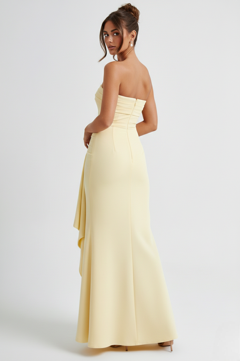 Strapless Ruched Crepe Maxi Dress with Thigh-High Split for Formal Events