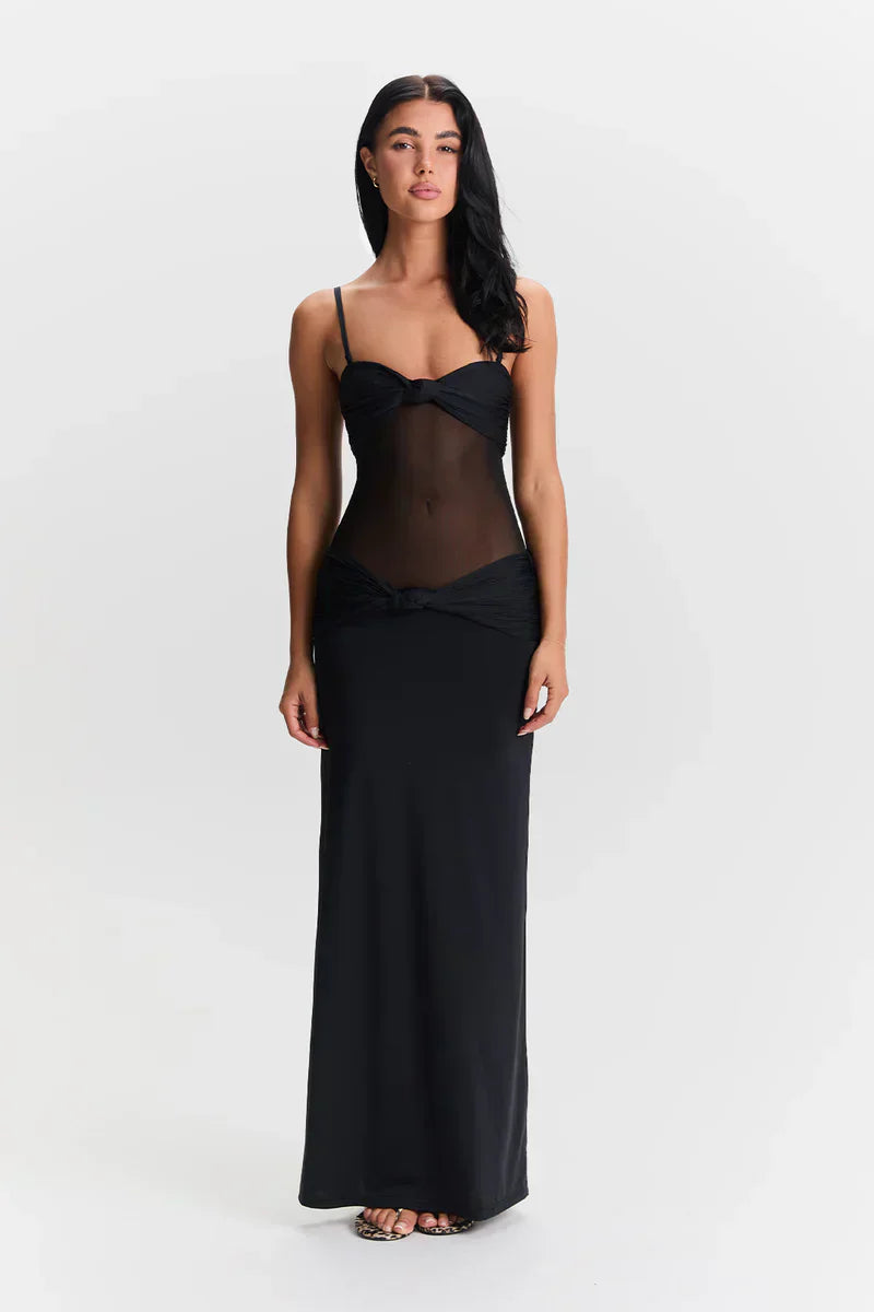 Twist-Knot Mesh Panel Maxi Dress - Elegant Evening Wear for Women