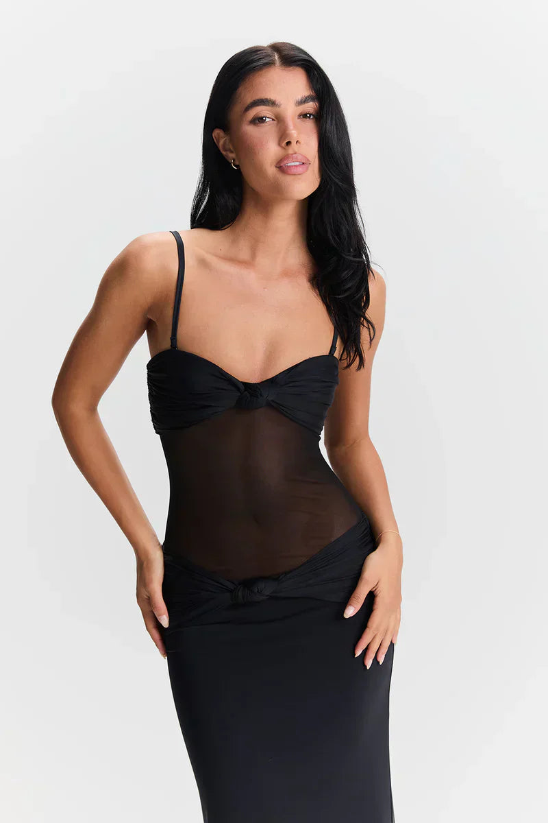 Twist-Knot Mesh Panel Maxi Dress - Elegant Evening Wear for Women