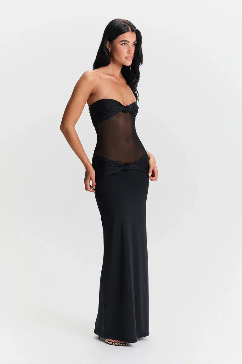 Twist-Knot Mesh Panel Maxi Dress - Elegant Evening Wear for Women