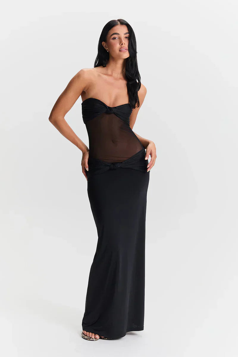 Twist-Knot Mesh Panel Maxi Dress - Elegant Evening Wear for Women
