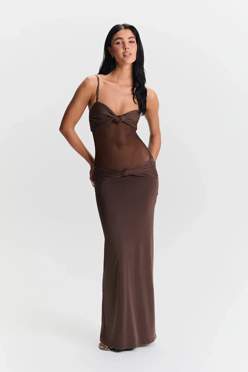 Twist-Knot Mesh Panel Maxi Dress - Elegant Evening Wear for Women